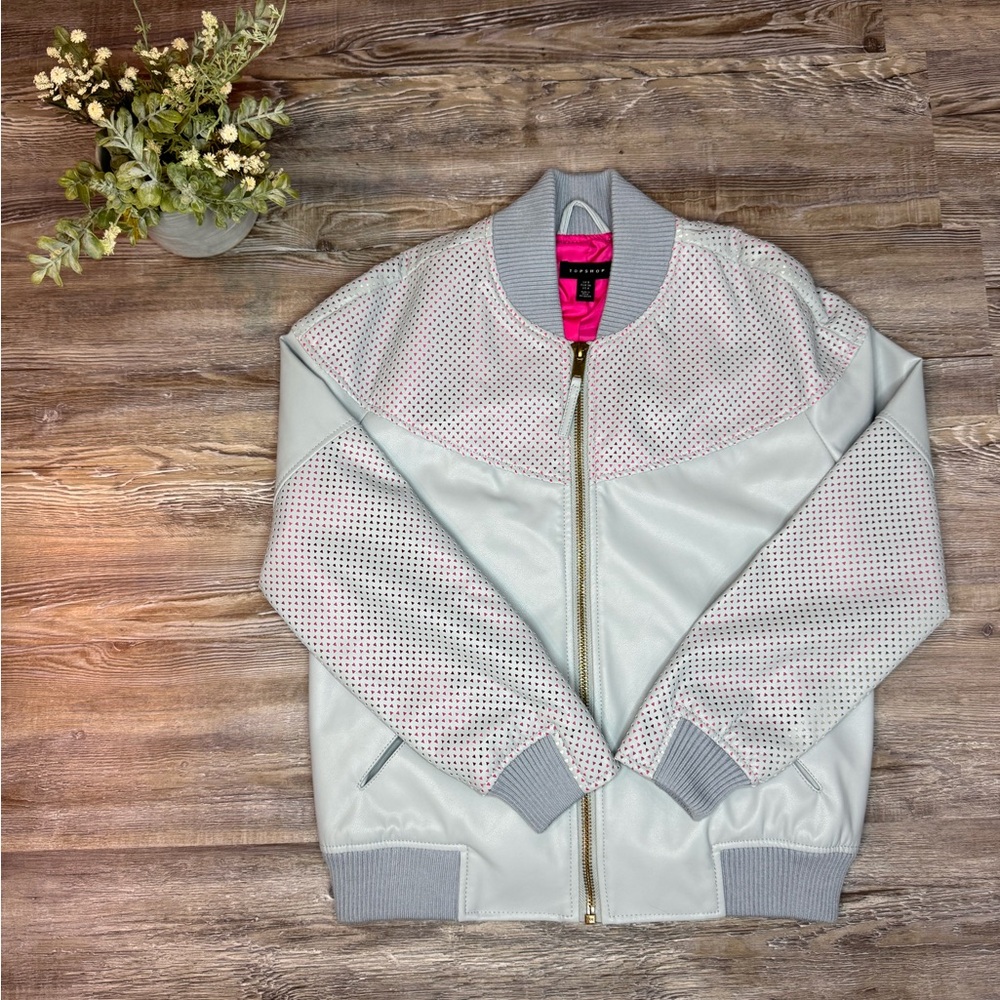 Top Shop Womens IDOL Light Blue Faux Vegan Leather Bomber Jacket Size 4 Small